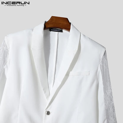 INCERUN hauts 2024 Style américain mode hommes Perspective dentelle épissage conception costume manteaux décontracté solide à manches longues Blazer S-5XL