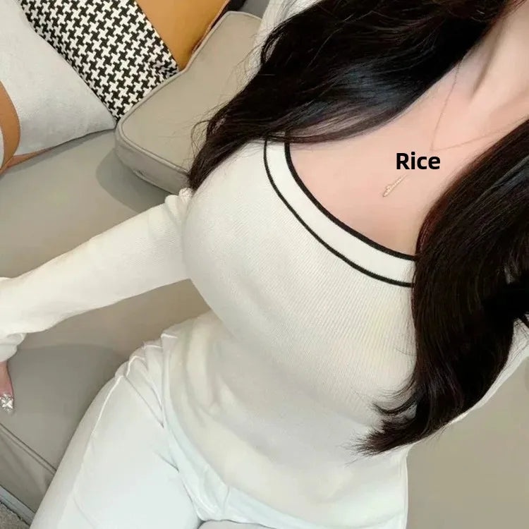 Français élégant bloc de couleur à manches longues chemise tricotée femmes col carré conception spectacle clavicule T-Shirt décontracté haut tendance