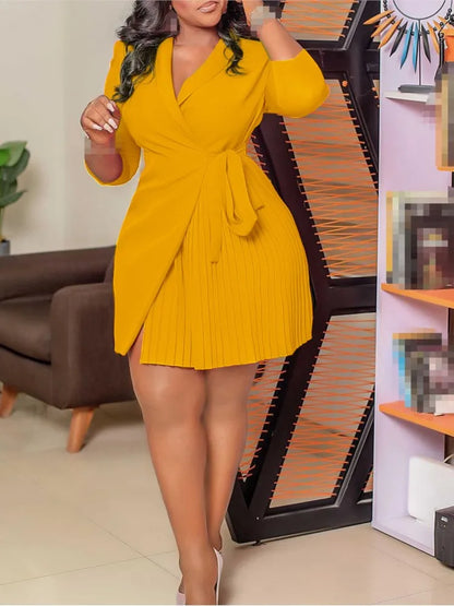 Robe plissée pour femmes, grande taille, col plissé, style blazer, bureau, vintage, sexy, ceinture, fête, serrée, courbée, courte