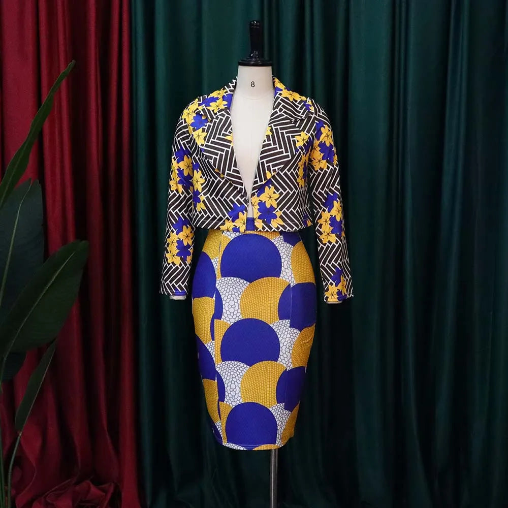 Costume deux pièces pour femmes Dashiki, manches longues, ensemble haut nombril exposé, jupe Midi imprimée, ensemble décontracté pour femmes