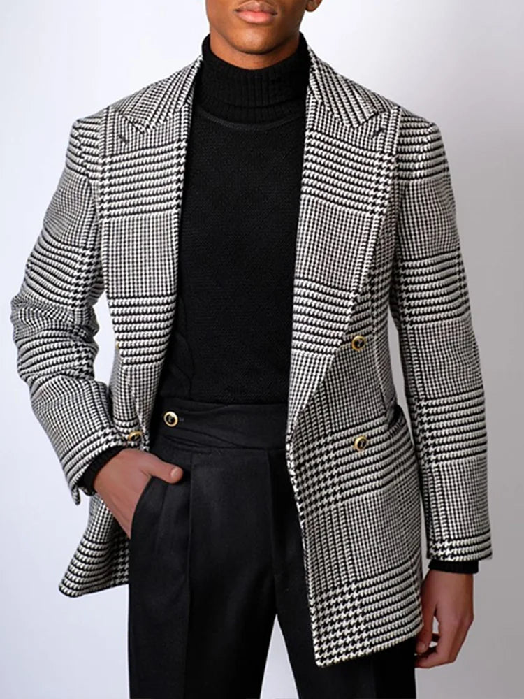 Blazer d'affaires Double boutonnage col pied-de-poule couverture hommes veste formelle tenue de bureau intelligente coupe ajustée manteau de costume sur mesure