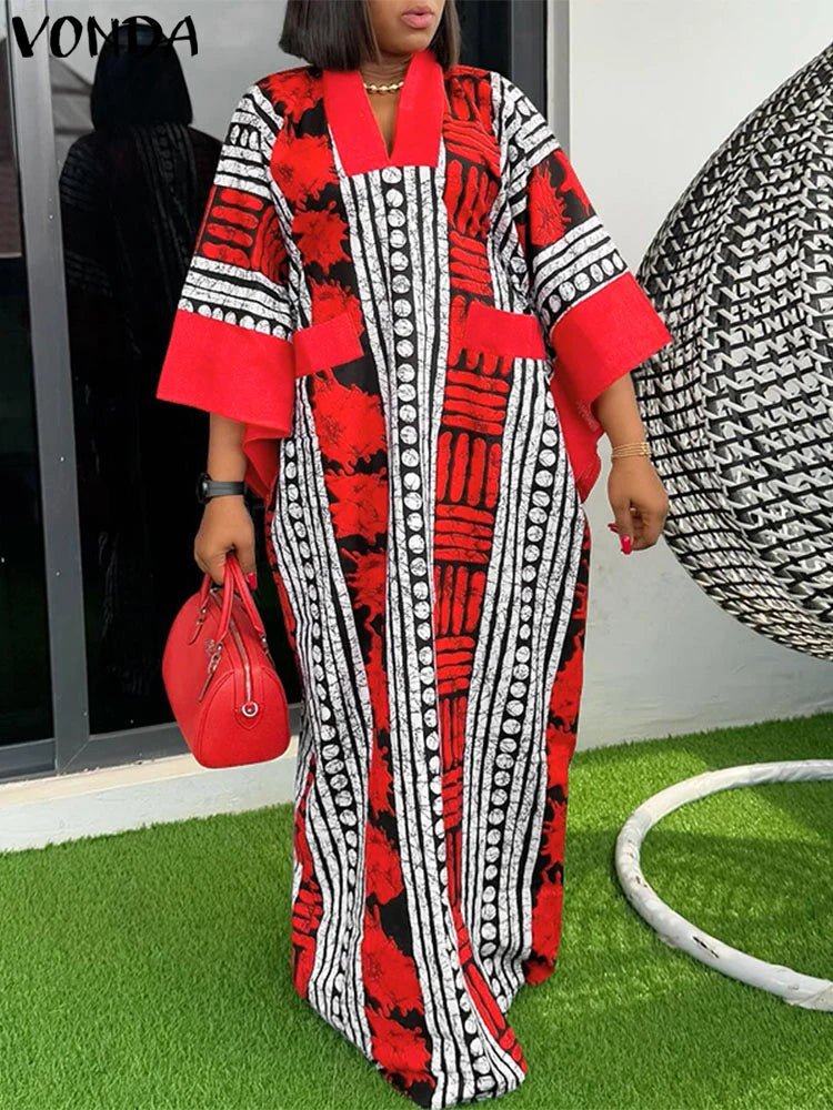 VONDA Vintage Robe Maxi femmes été fête imprimer robes 2025 mode col en v 3/4 manches décontracté surdimensionné ample longue Robe