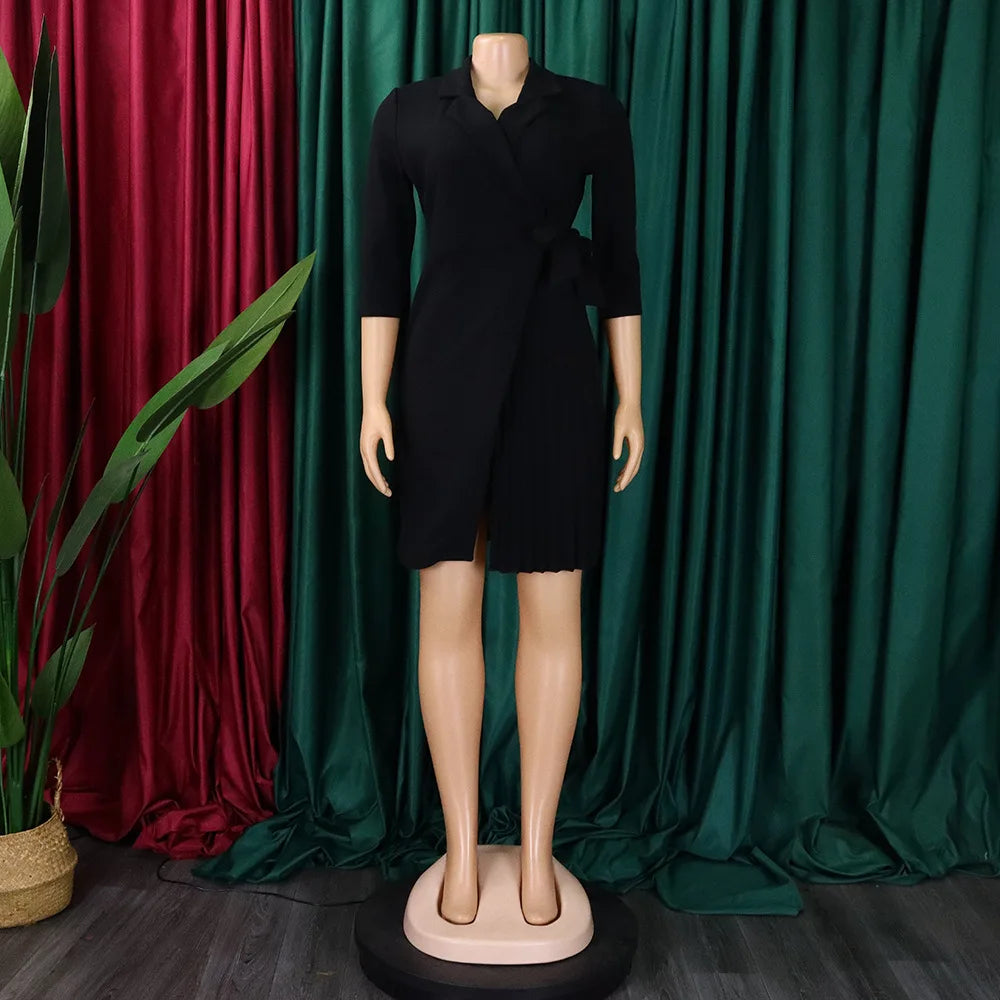 Robe plissée pour femmes, grande taille, col plissé, style blazer, bureau, vintage, sexy, ceinture, fête, serrée, courbée, courte