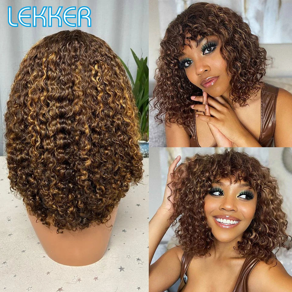 Lekker couleur courte Pixie Afro crépus bouclés Bob 100% perruques de cheveux humains avec frange pour les femmes brésilien Remy cheveux Ombre brun perruques