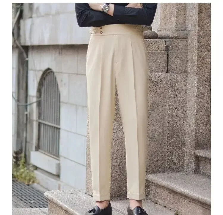 BS Vintage taille haute hommes décontracté pantalon droit Smalltrousers affaires britanniques Paris boucle blanc pantalon Long