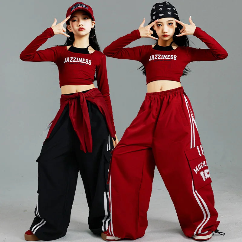 Ensemble T-shirt et pantalon à manches longues pour enfants, mode Hip Hop y2k, Costume de spectacle pour filles, tenue de scène, Costume de danse pour enfants, vêtements de rue