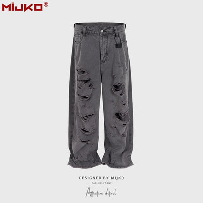 MIJKO jean Baggy délavé pour hommes Streetwear Hip Hop grand jean détruit pantalon en Denim droit