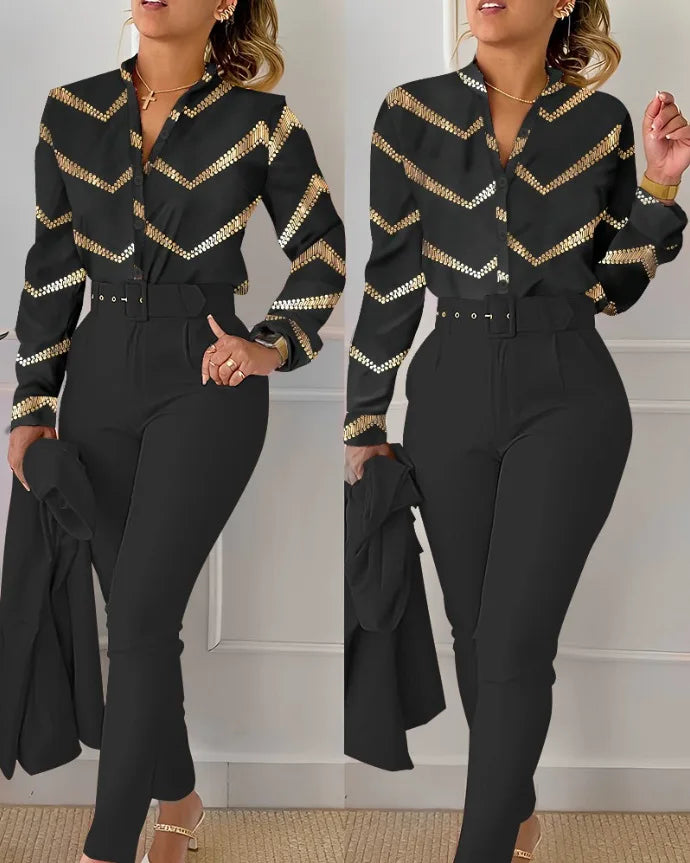 Ensemble chemise et pantalon à manches longues pour femmes, col montant, imprimé floral, chemise décontractée élégante, FJSuits avec ceinture, automne, hiver, 2 pièces