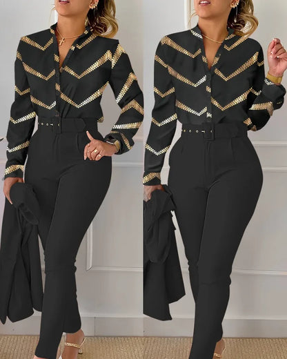 Ensemble chemise et pantalon à manches longues pour femmes, col montant, imprimé floral, chemise décontractée élégante, FJSuits avec ceinture, automne, hiver, 2 pièces