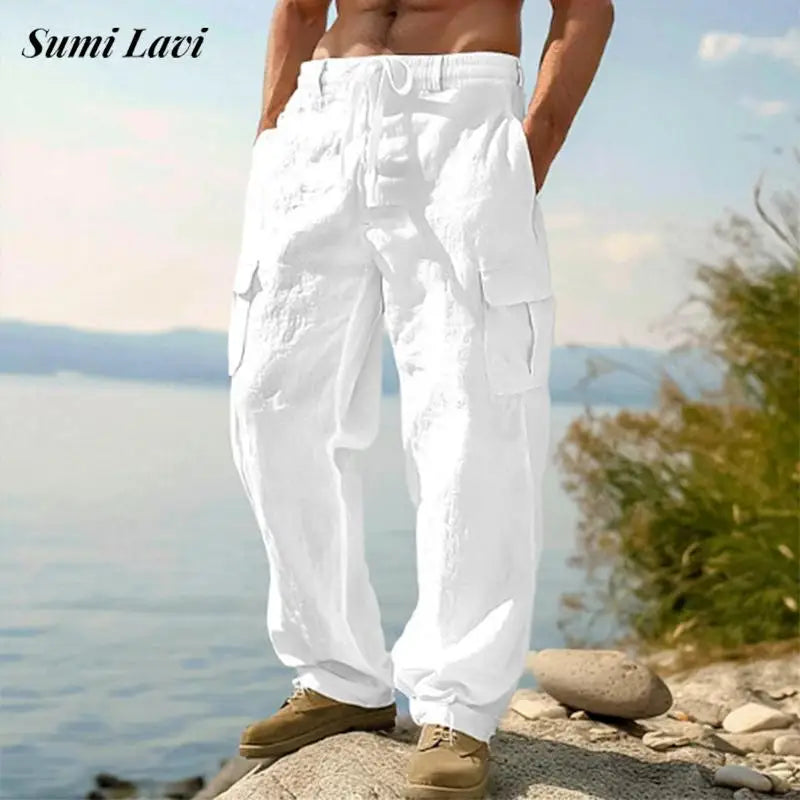 Multi poches Patchwork hommes Cargo pantalon 2025 été à la mode couleur unie pantalon en lin ample hommes vacances plage pantalon décontracté
