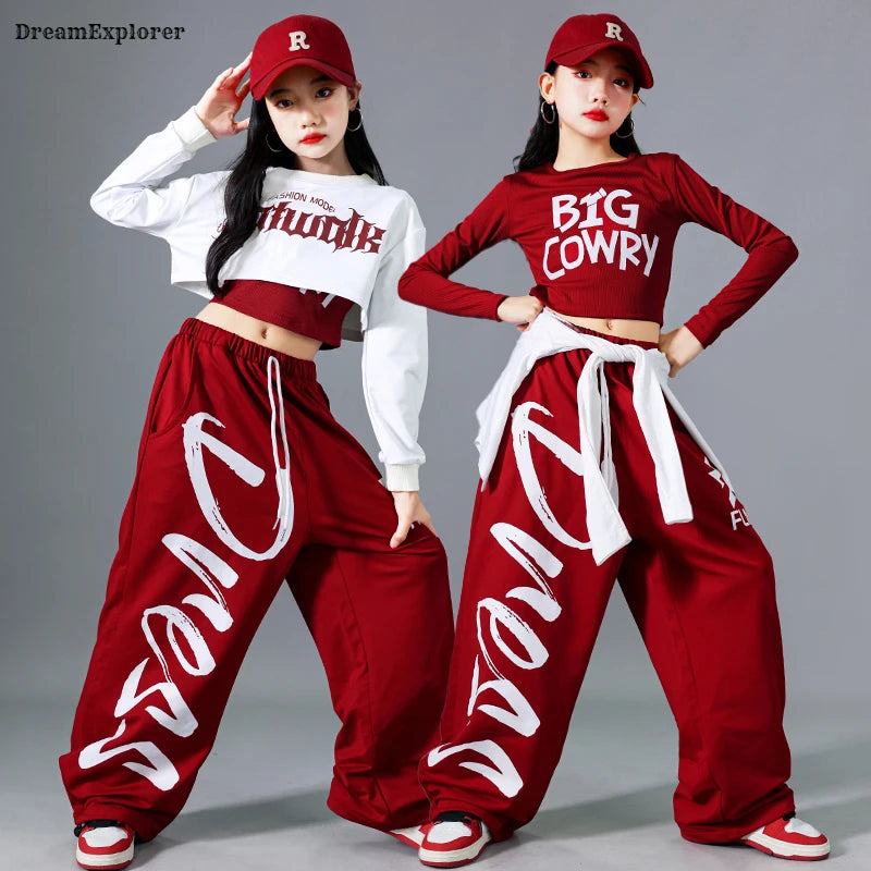 Filles K-pop haut court mode lettres Sport Joggers pantalon fille groupe vêtements ensembles enfants Hip Hop Streetwear enfants Jazz Costumes
