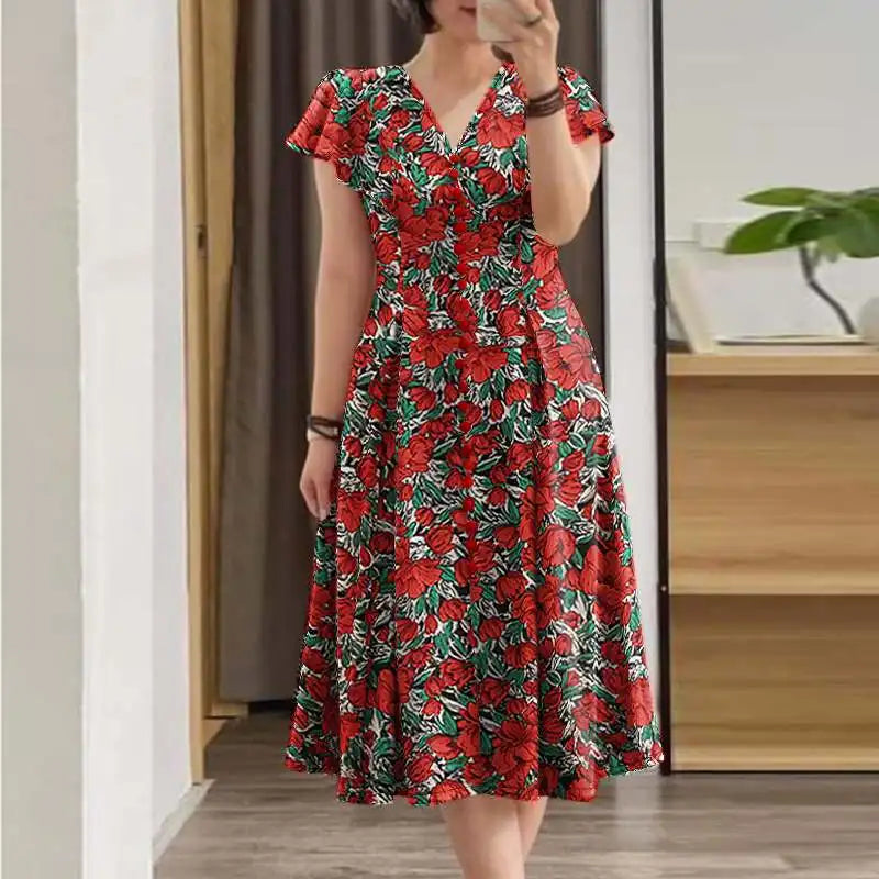 Robe d'été élégante pour femmes, col en V, manches courtes, imprimé Floral, style bohème, robes de fête de vacances, 2024