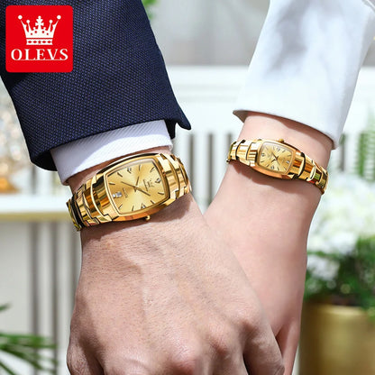 OLEVS-Montre de couple en acier au tungstène Tonneau pour hommes et femmes, marque de luxe, montre à quartz pour amoureux, montre-bracelet étanche, 7006