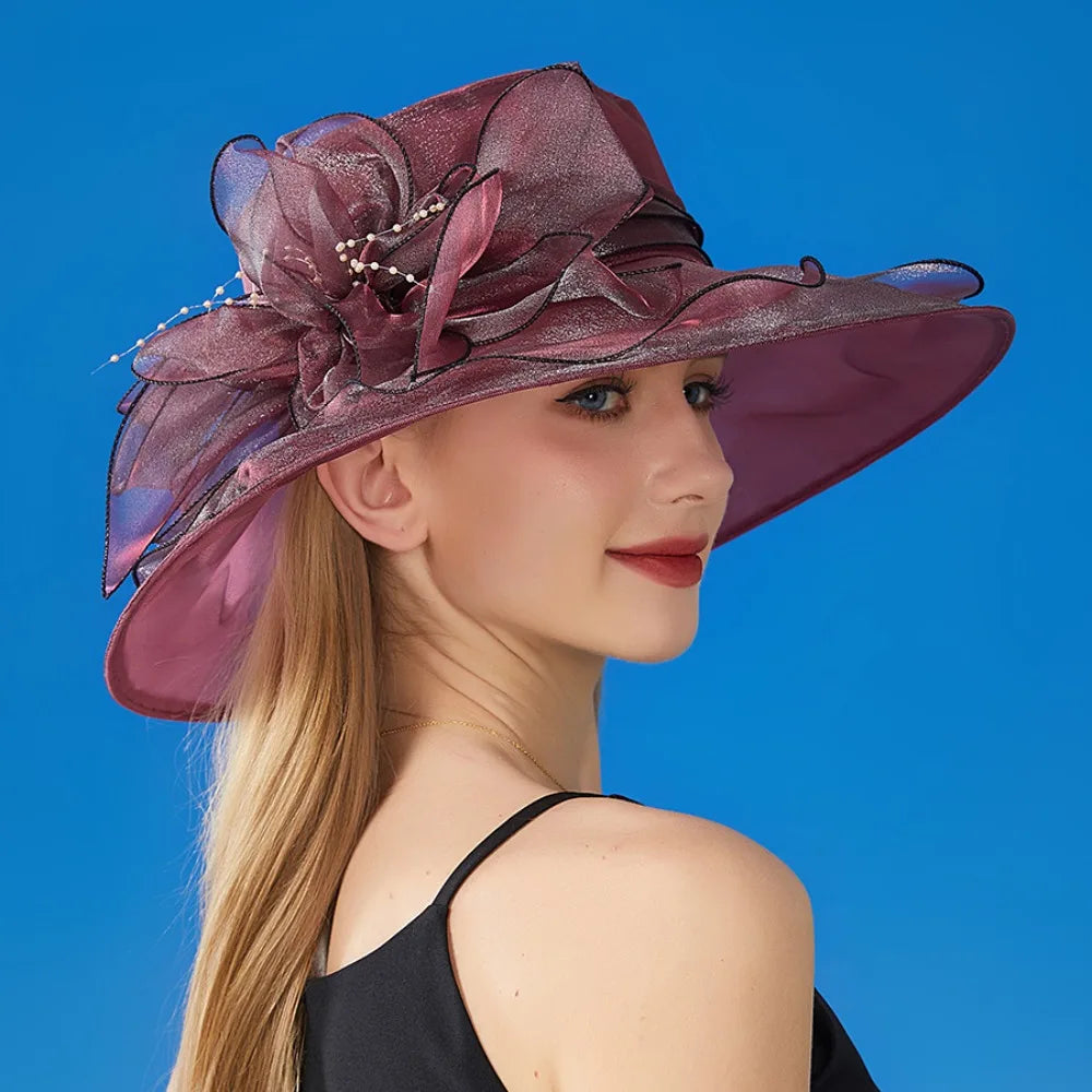 Chapeau Derby à fleurs de couleur unie pour femmes, en Organza à large bord, à volants, chapeau de soleil pliable, Protection UV, pour fête de thé, mariage