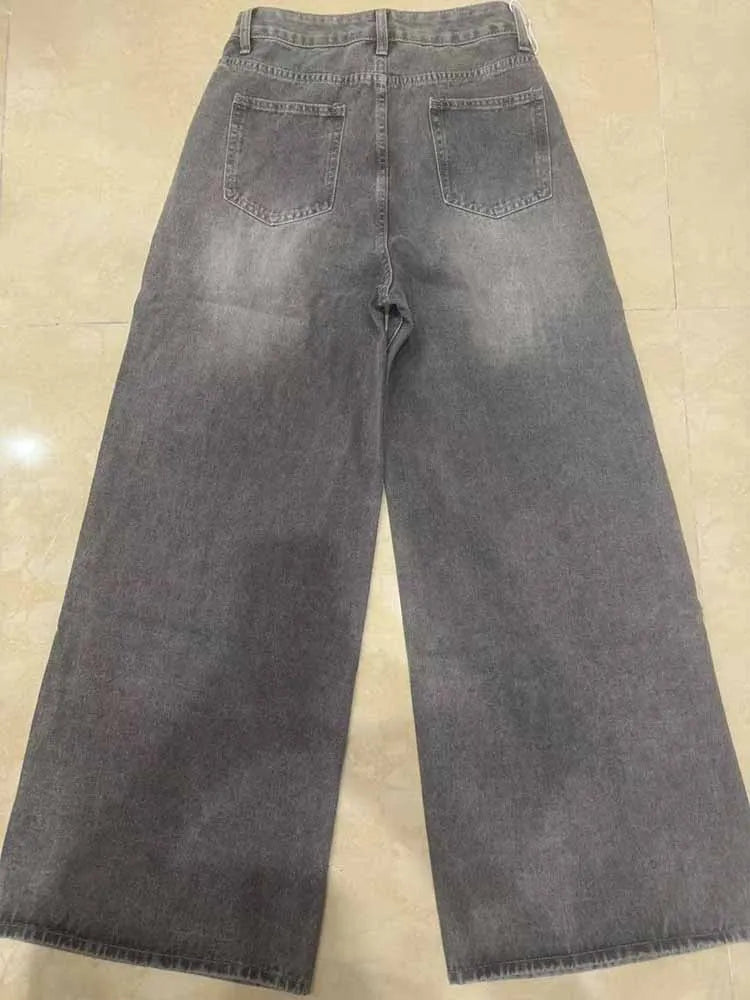BKQU gris Vintage Baggy jean femme Streetwear taille haute Y2K jambe large Denim pantalon ample femme Hip Hop pantalon américain années 2000