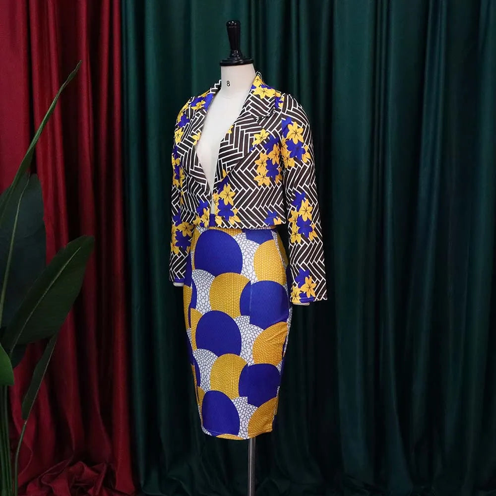 Costume deux pièces pour femmes Dashiki, manches longues, ensemble haut nombril exposé, jupe Midi imprimée, ensemble décontracté pour femmes