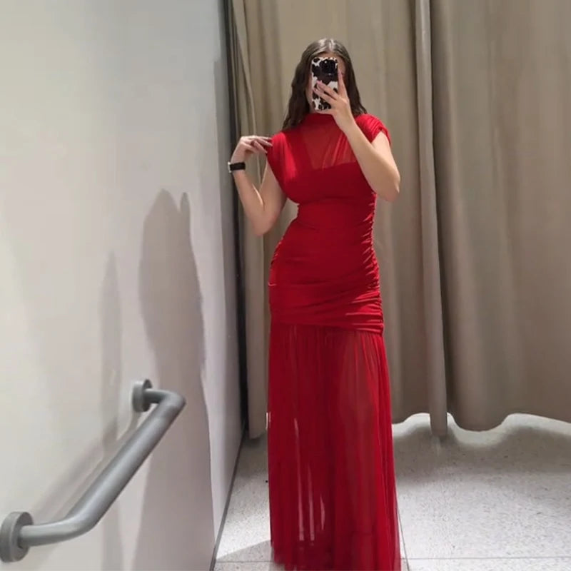 Robe longue de soirée plissée rouge Chic, élégante, manches volantes, maille, Patchwork, Maxi, vacances d'été, plage