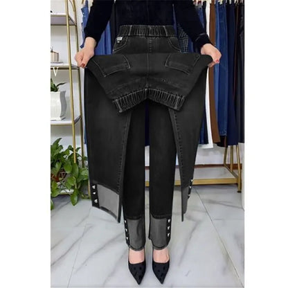 Jean femme d'âge moyen printemps automne taille extensible pantalon en Denim droit grande taille ample taille haute décontractée noir bleu pantalon