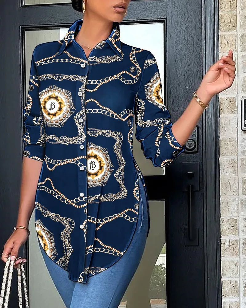 BERAKAH SUPRÊME - Haut décontracté à manches longues pour femmes, chemise imprimée à col au dos, élégante et à la mode, bureau, printemps et automne, 2025