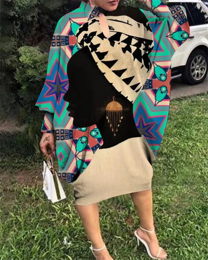 Robe Africaine Imprimée en Polyester à Manches sulf, Longueur aux Genoux, Printemps Été 2023