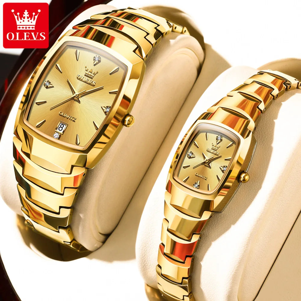 OLEVS-Montre de couple en acier au tungstène Tonneau pour hommes et femmes, marque de luxe, montre à quartz pour amoureux, montre-bracelet étanche, 7006