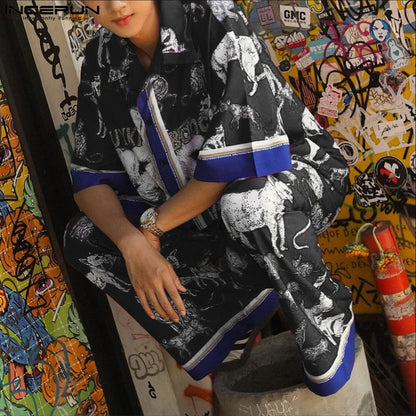 INCERUN hommes ensembles impression Patchwork revers manches courtes chemise et pantalon deux pièces ensembles été ample vacances décontracté hommes costumes