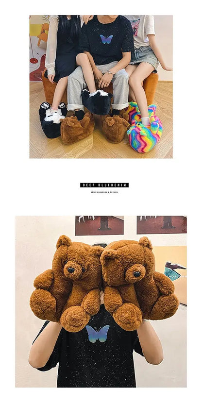 Pantoufles roses en fourrure d'animal à enfiler, chaussures d'ours moelleuses pour la maison, pantoufles d'intérieur chaudes et pelucheuses, tongs de maison, expédition rapide