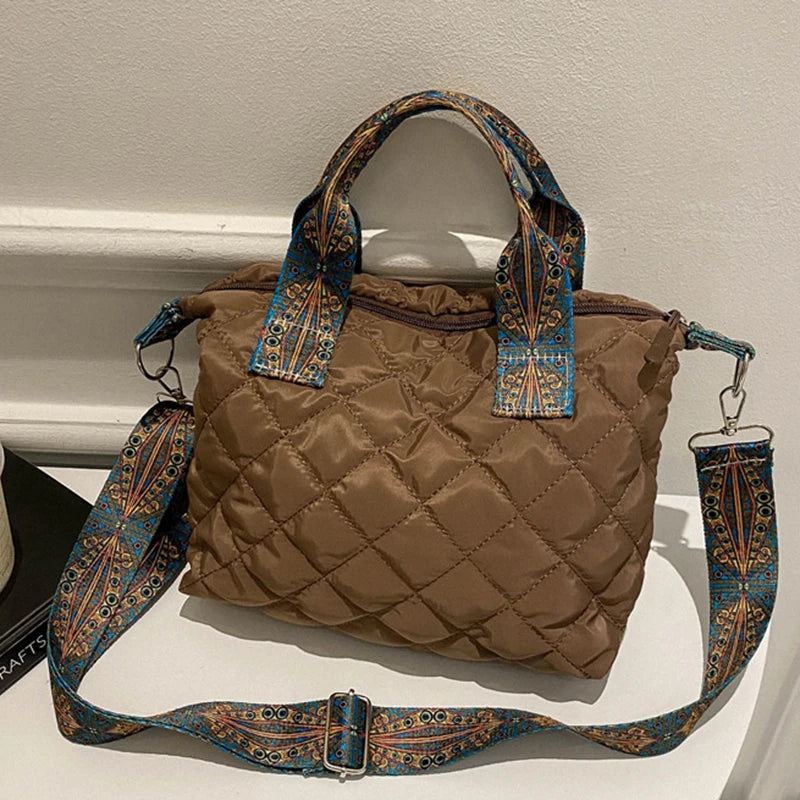 Sac à main à large ceinture pour femmes, automne/hiver, espace losange, sac à bandoulière en coton, grande capacité, fourre-tout de Shopping assorti