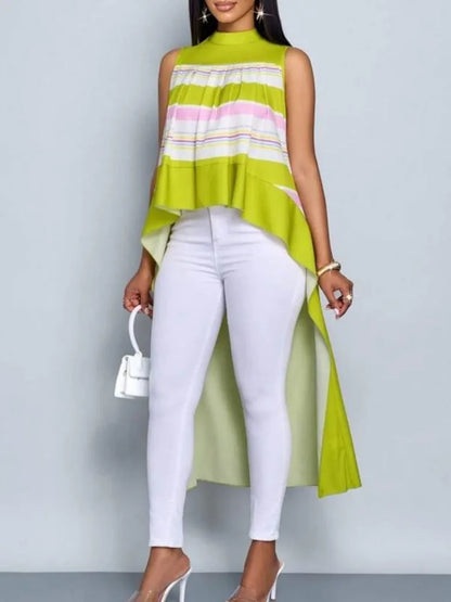 Bonboho 2025 T-shirt élégant pour femmes couleur contrastée col montant gilet sans manches hauts haut-bas coupe ample plissé chemises Extra-longues