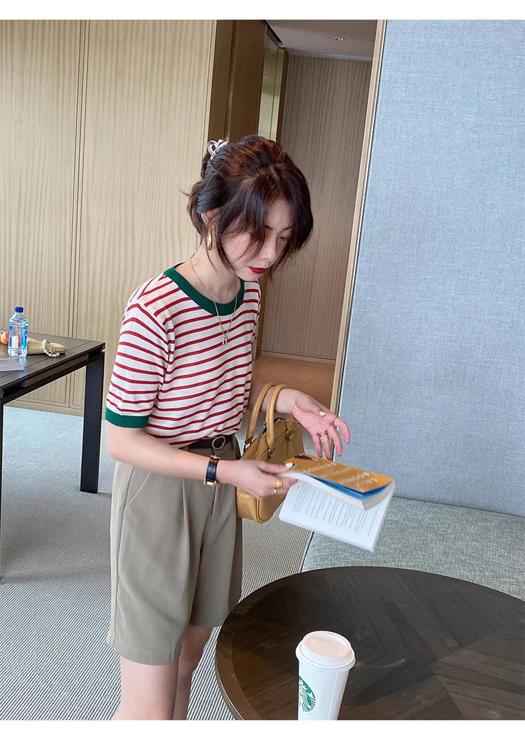 2025 hauts à rayures femmes tricoté col rond été imprimé à manches courtes décontracté Simple sauvage T-Shirt