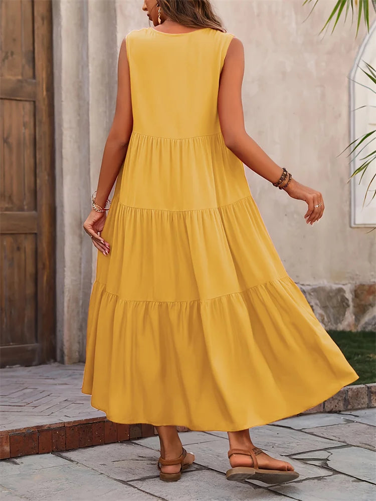 Robe longue d'été décontractée pour femmes, marque de vacances, plage, col en v, ample, élégante, jaune, noir, à volants, 2024
