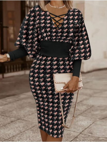 Robe taille haute à imprimé géométrique pour femme, col en V cintré, manches longues, documents bloqués, robe de bureau élégante pour femme, automne