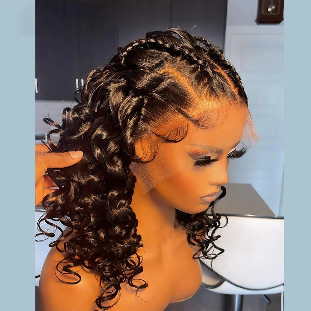 Perruque Lace Front Wig sans colle bouclée noire naturelle, cheveux de bébé, 26 longs, densité 180, deep wave, pre-plucked, degré de chaleur, pour femmes, 03/3