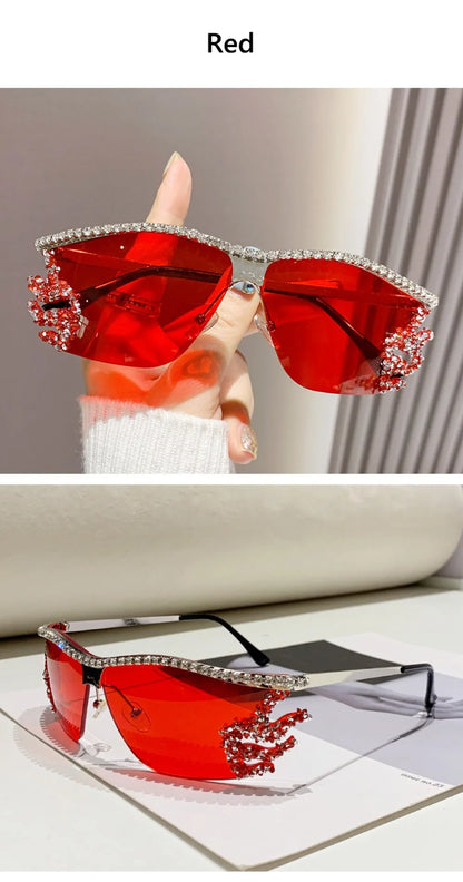 Y2K lunettes de soleil sans monture Punk irrégulière femme lunettes de soleil de luxe concepteur UV400 Protection diamant cristal nuances pour les femmes