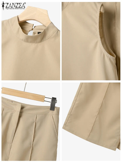 Élégant Chic femmes 2 pièces ensembles ZANZEA femme 2025 mode 2 pièces tenues costumes sans manches Blouses et pantalons à jambes larges ensembles
