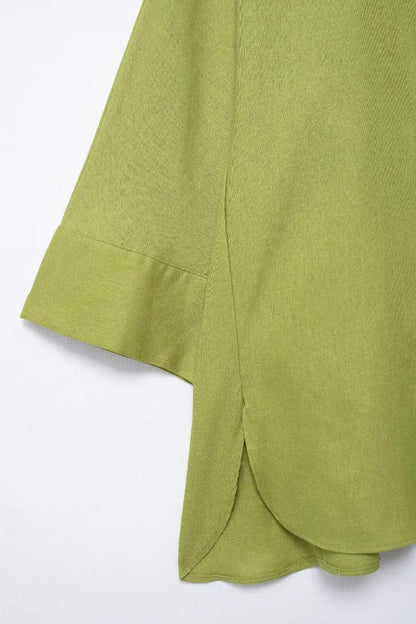 TRAFZA 2024 femmes 2 pièces ensemble taille élastique poche plis décorer pantalon à jambes larges + solide simple boutonnage fente ourlet Blouse haut