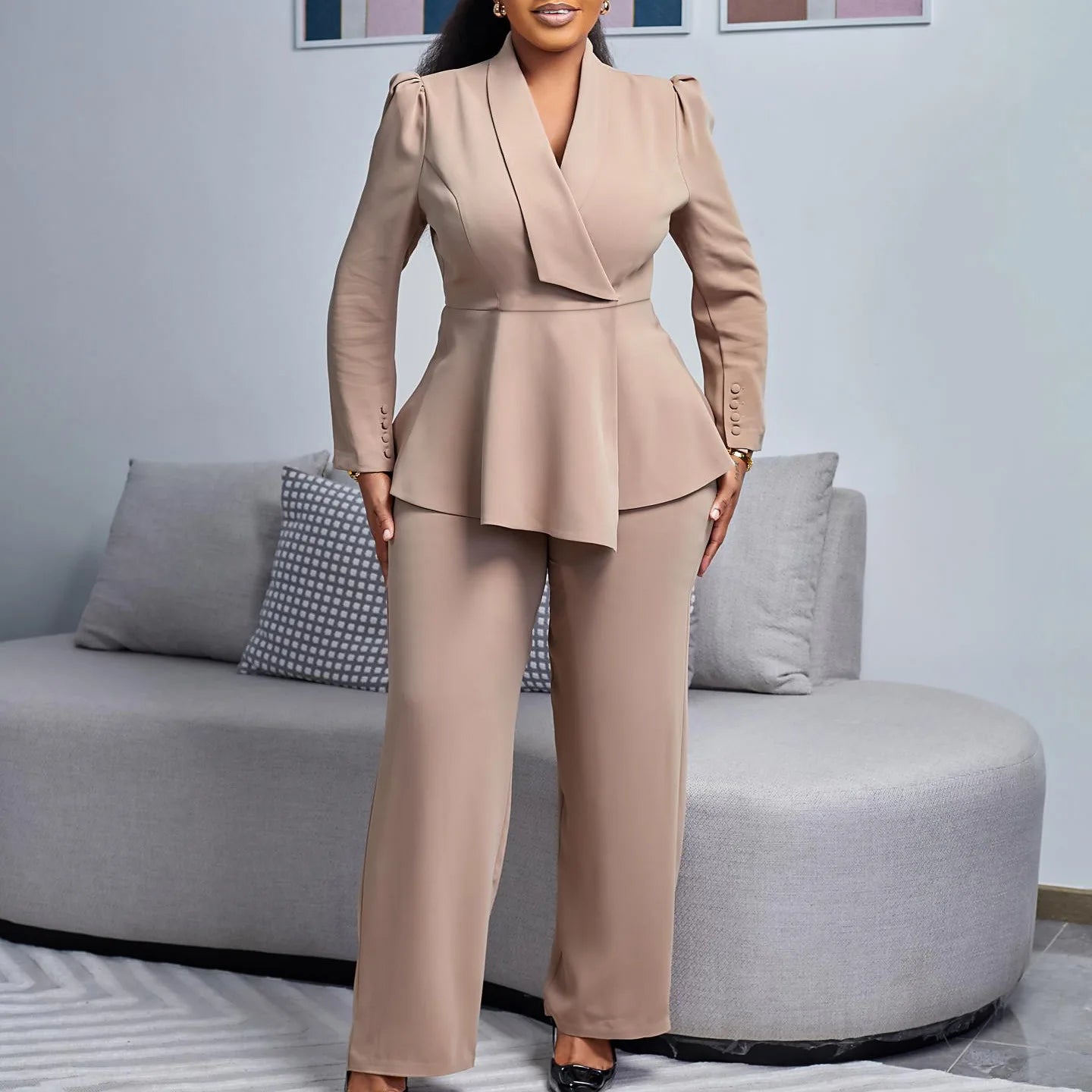 BERAKAH SUPRÊME - Femmes deux pièces ensemble élégant manches longues hauts taille haute pantalon pantalon modeste Peplum bureau dames vêtements de travail costume d'affaires nouveau