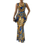 Robe longue moulante à imprimé baroque XS-2XL – Robe bleue et dorée élégante pour tenue de soirée, événements formels et gala