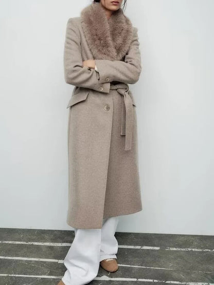 Manteau décoré avec ceinture et col en fausse fourrure pour femme, ample, à la mode, avec tempérament, nouvelle collection automne et hiver