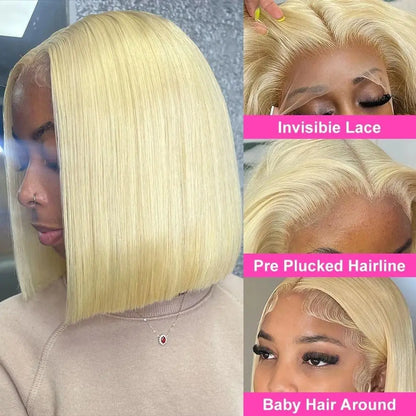 613 Blonde Bob perruques cheveux humains court droit 13X4 HD dentelle avant perruques coloré brésilien 100% cheveux humains 16 pouces cosplay 200% perruque brésilienne	cheveux humain naturel perruque courte