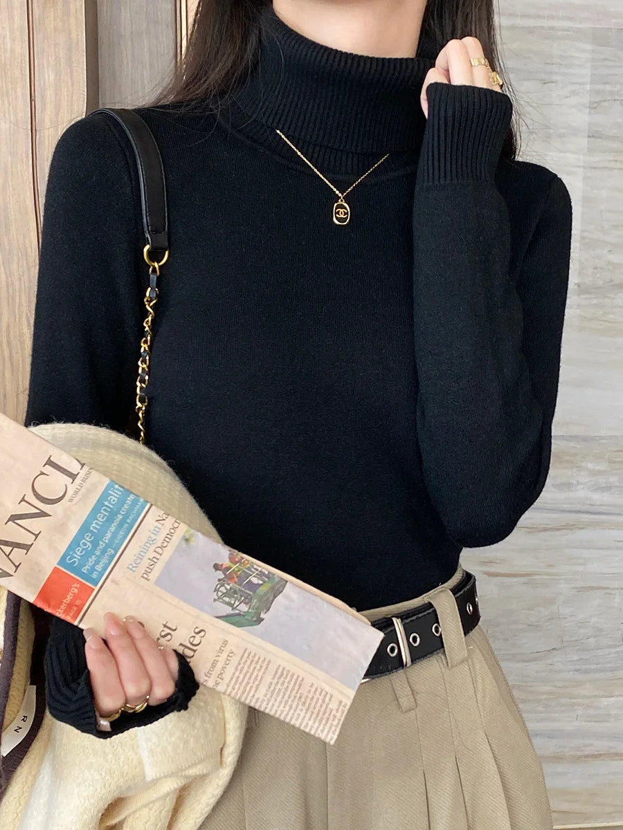 Pull une pièce en velours de vison à col roulé et épais pour femme, intérieur chaud avec chemise tricotée à bascule, 2025