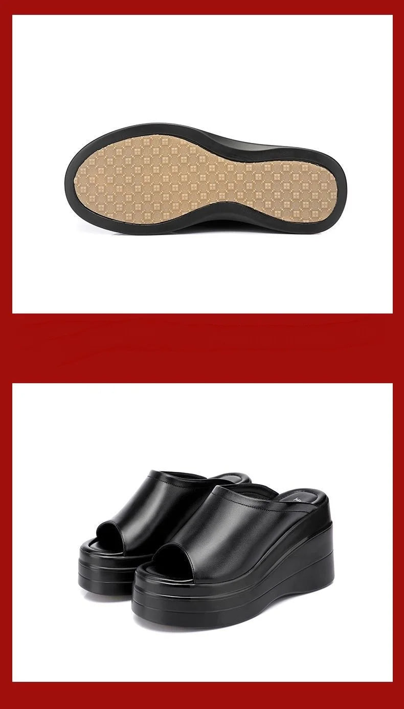 Chaussures confortables à plateforme épaisse de 9.5cm, petite taille 32-43, pantoufles en cuir véritable, talons hauts 2025, diapositives à semelles compensées, modèle de bureau