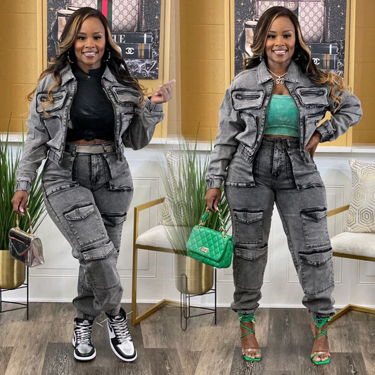 Ensemble pantalon à manches longues pour femmes, survêtement avec fermeture éclair, manteau en Denim, Cargo, longueur cheville, poches, haute rue épissé, Slim, 2024