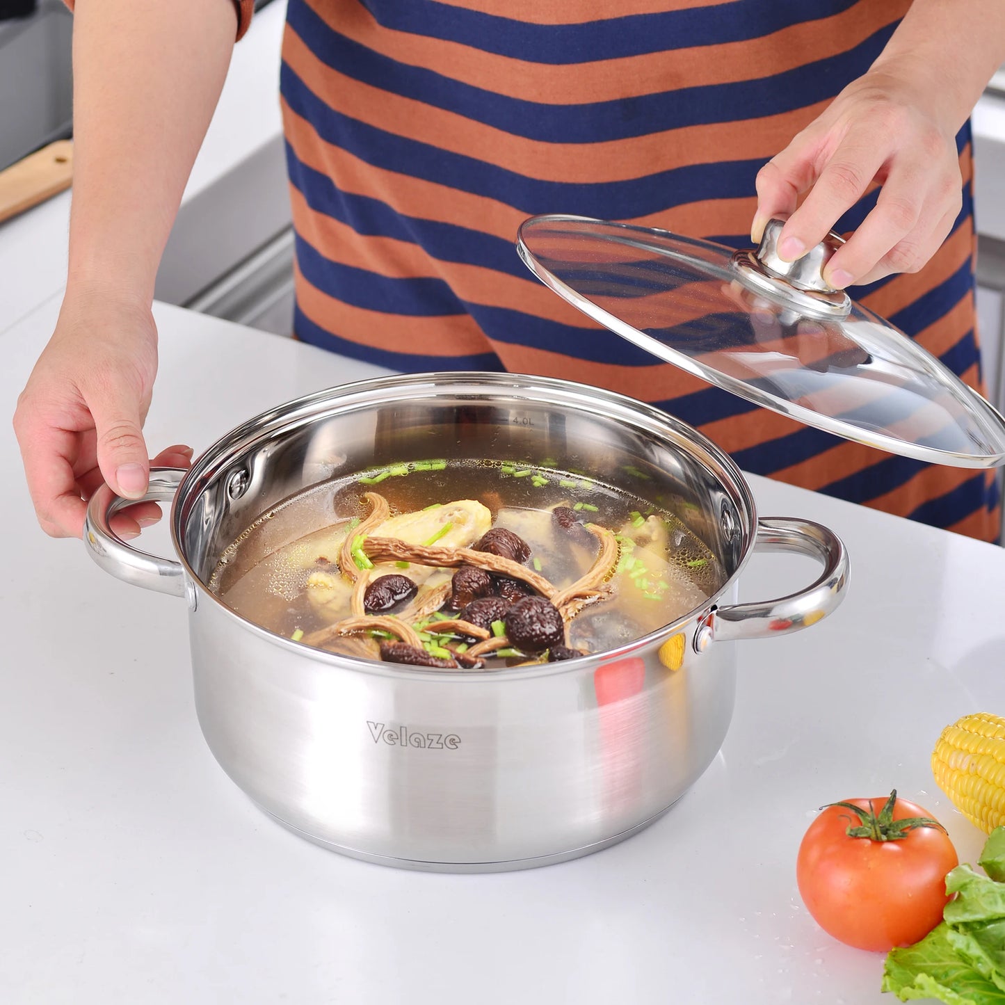 Velaze – ensemble d'ustensiles de cuisine, ensemble de 12 pièces, casseroles et poêles en acier inoxydable, sans danger pour l'induction, casserole, Casserole, avec couvercle en verre