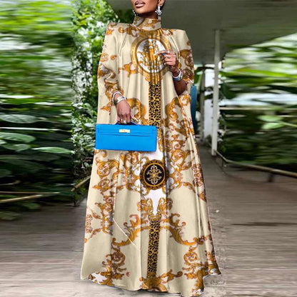 VONDA-Robe longue de soirée à manches chauve-souris, grande taille, col montant, imprimé bohème, 2023