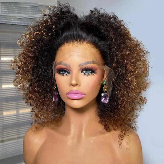 Bob doux 16 "Ombre Blonde brun crépus bouclés 180 densité dentelle avant perruque pour les femmes noires BabyHair sans colle pré-épilé résistant à la chaleur