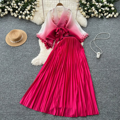 Miyake pli changement progressif couleur bord ondulé costume soleil jupe plissée à la mode et élégant deux pièces ensembles tenues pour femmes