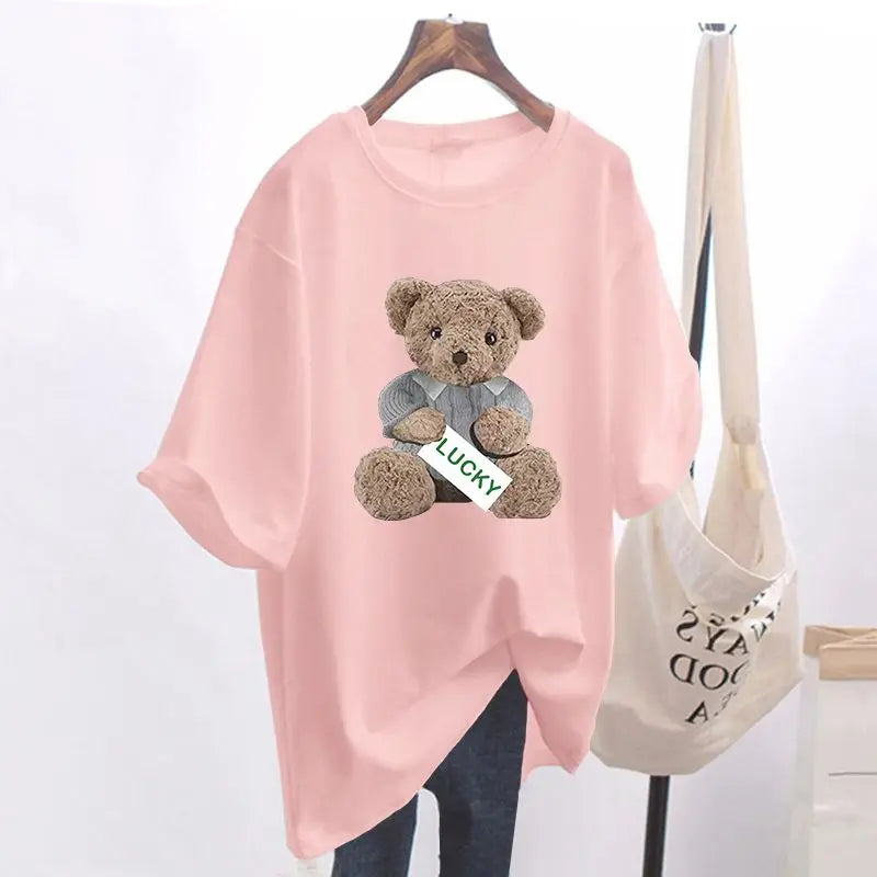 Mode d'été Animal ours imprimé T-shirts de base femmes décontracté pur coton col rond à manches courtes haut t-shirt bureau dame pulls amples