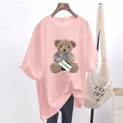 Mode d'été Animal ours imprimé T-shirts de base femmes décontracté pur coton col rond à manches courtes haut t-shirt bureau dame pulls amples