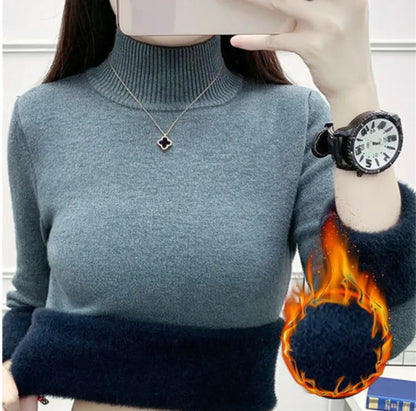 Pull Slim à Demi-Col Roulé pour Femme, Tricot Doublé de Velours, Chaud, Épais, en Jersey Doux, Collection Hiver